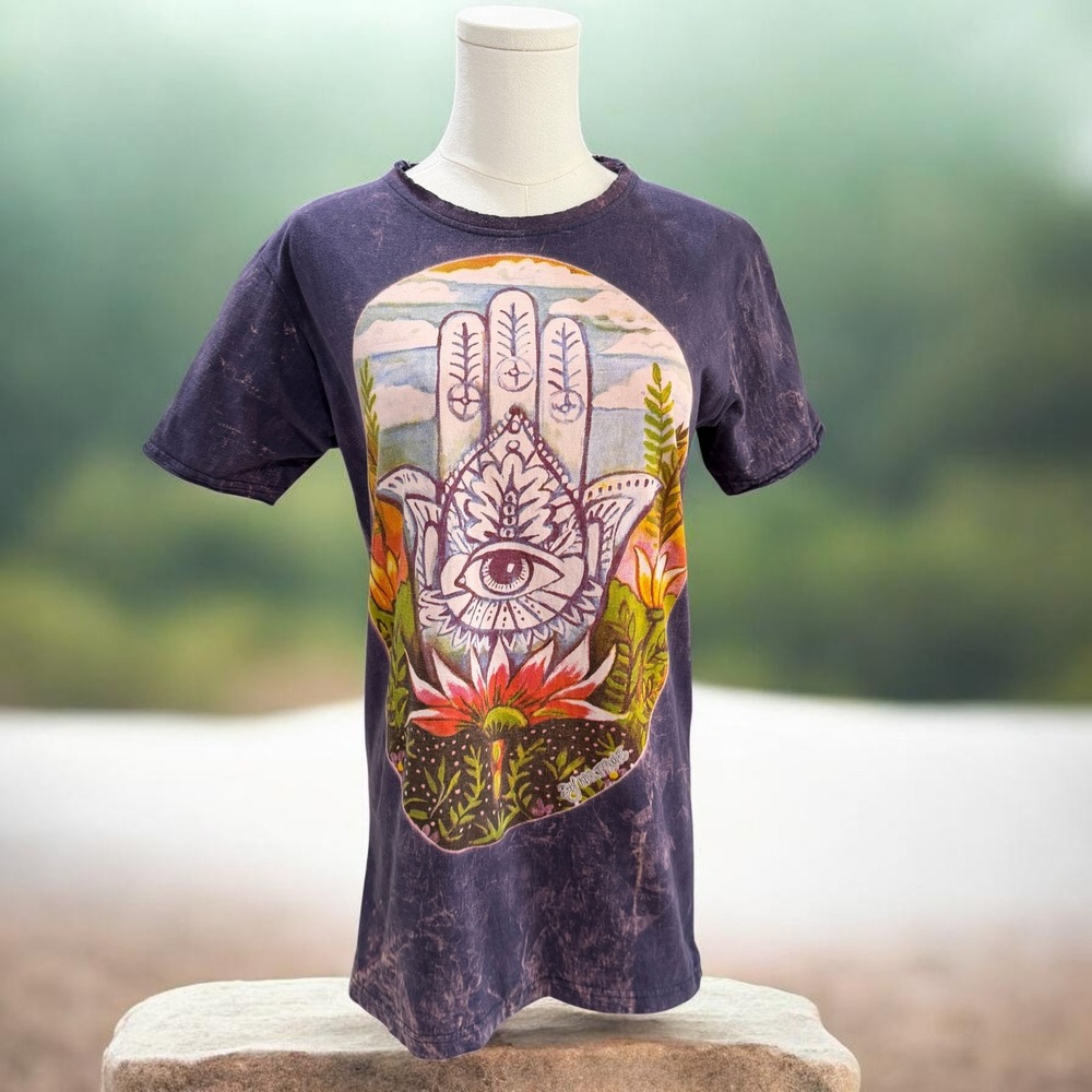 Vintage Graphic Tee Hamsa Hand Eye Boho Festival Grunge Distressed Acid Wash Top